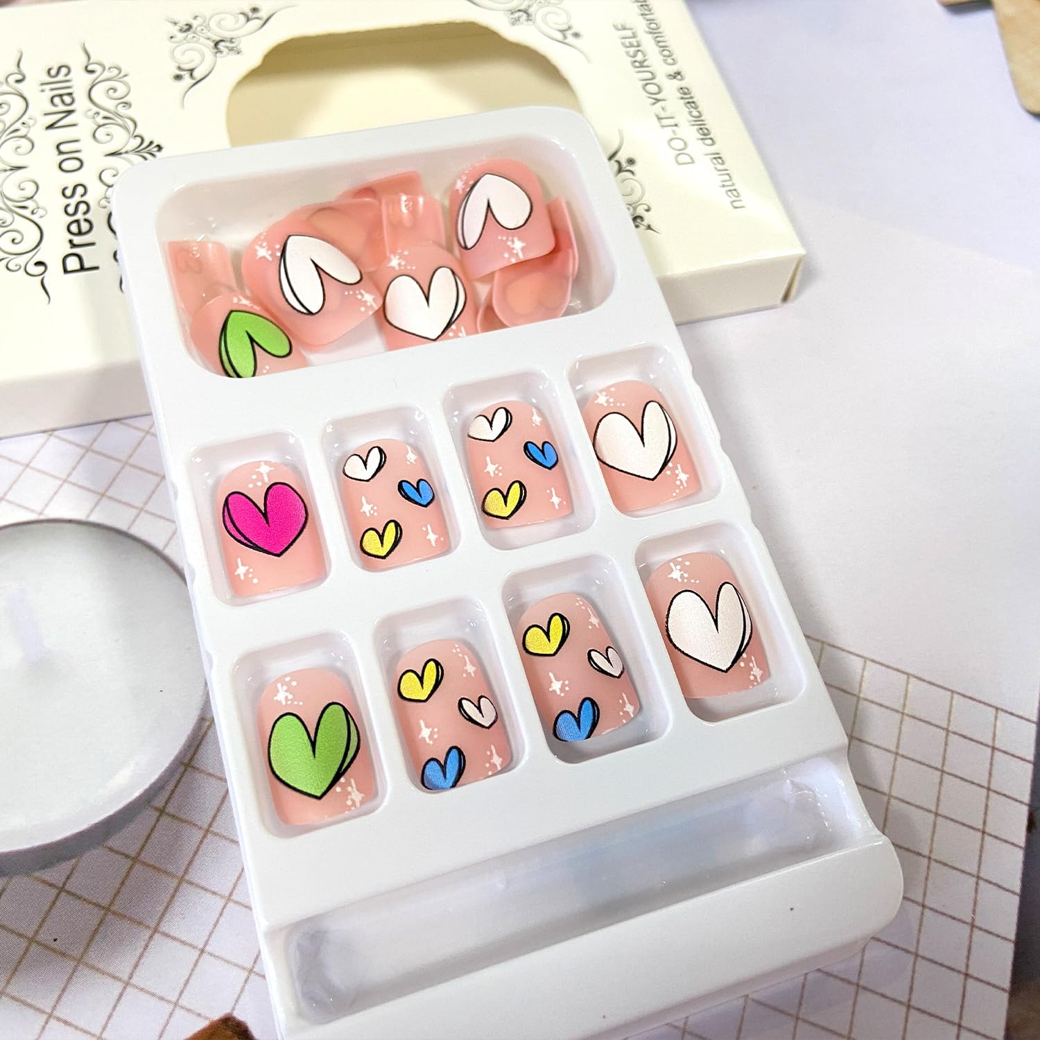 Matte Valentine's Day Press on Nails Short Square Fake Nails Colorful Cartoon Heart Acrylic Nails with Design Reusable Stick on Nails Glue on Nails for Women - Image 2