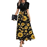 Summer Dresses for Women 2026 Casual Flowy Floral Maxi Dress Long Sleeve Crewneck Patchwork Beach Dresses with Belt