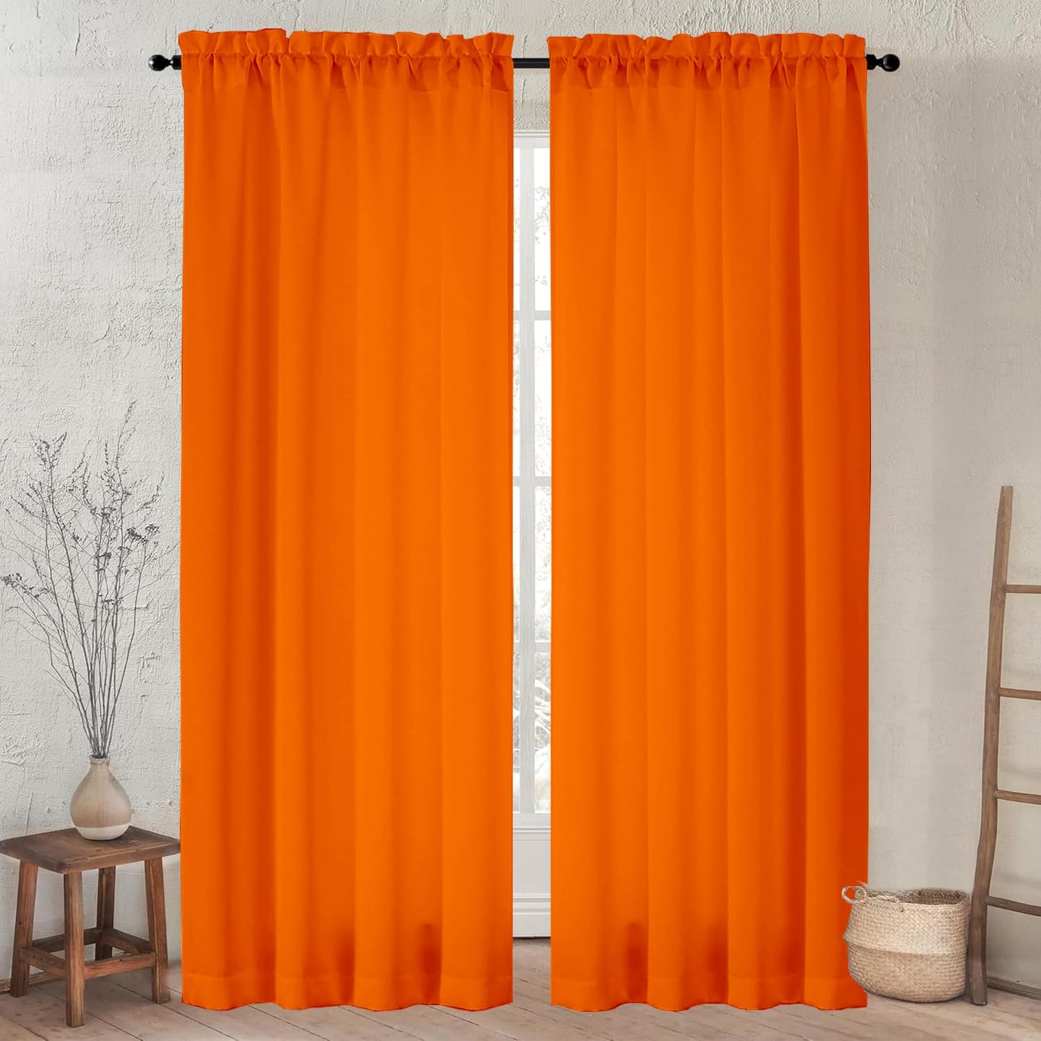Photo 1 of 2 Panels Orange Curtains for Living Room Boho Solid Light Filtering Curtains for Bedroom Modern Bright Orange Window Treatment Set Rod Pocket Drapes Elegant Farmhouse Semi Sheer Curtains 52X84 Inches