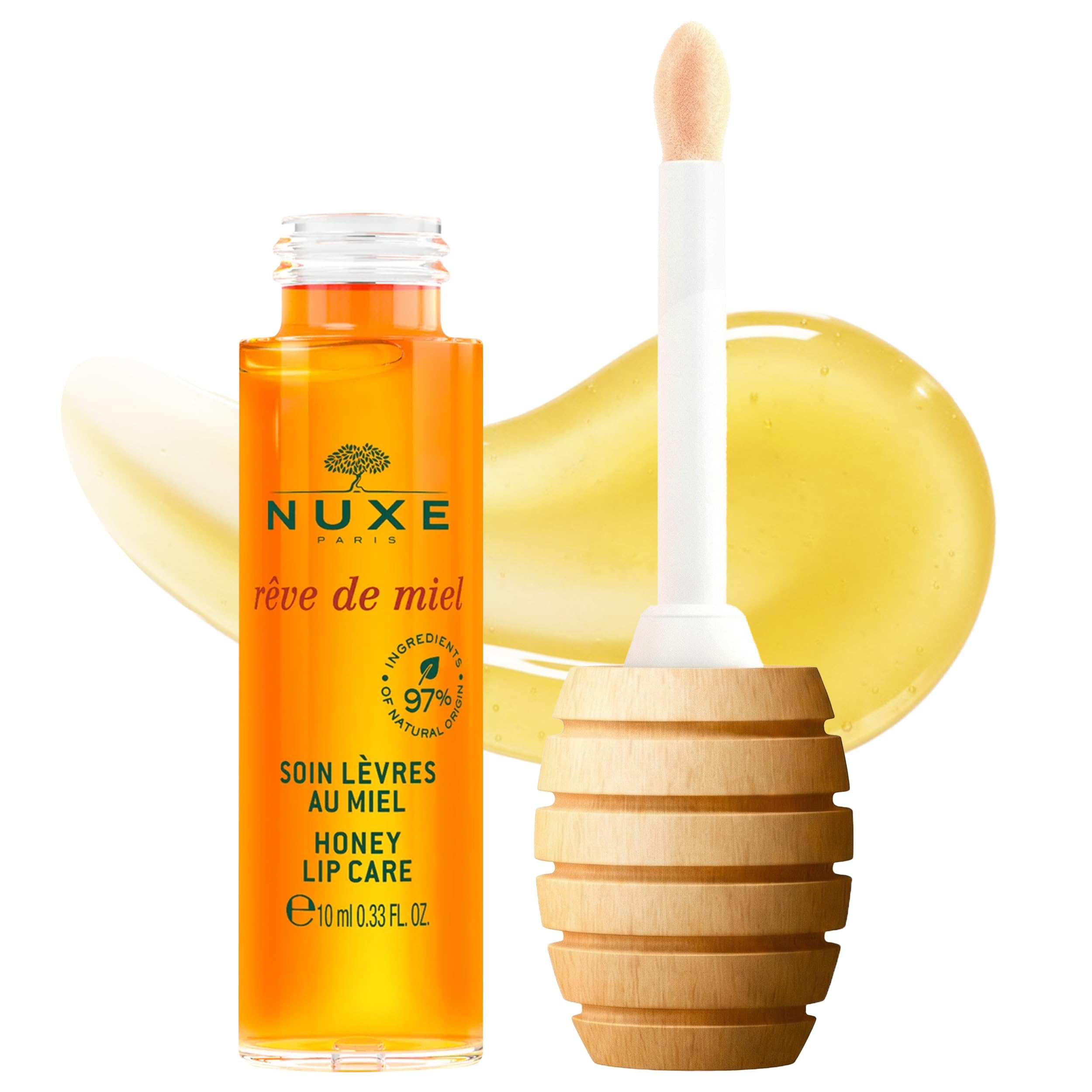 Nuxe Rêve de Miel Honey Lip Care 10ml, Clear Lip Treatment, Beautifies with a Natural Finish, Non-Sticky Texture, With Soothing Honey, Vegan Formula