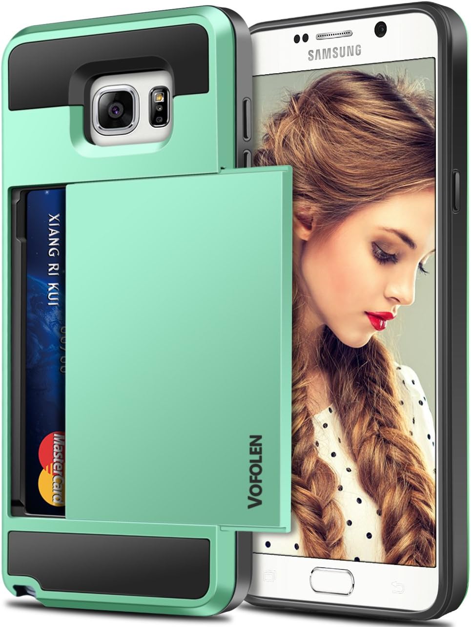 Vofolen Case for Galaxy Note 5 Case Wallet Card Holder ID Slot Dual Layer Protective Cover Anti-Scratch Hard Shell Shock Absorbing TPU Soft Tough Bumper Armor Case for Samsung Galaxy Note 5 (Mint)