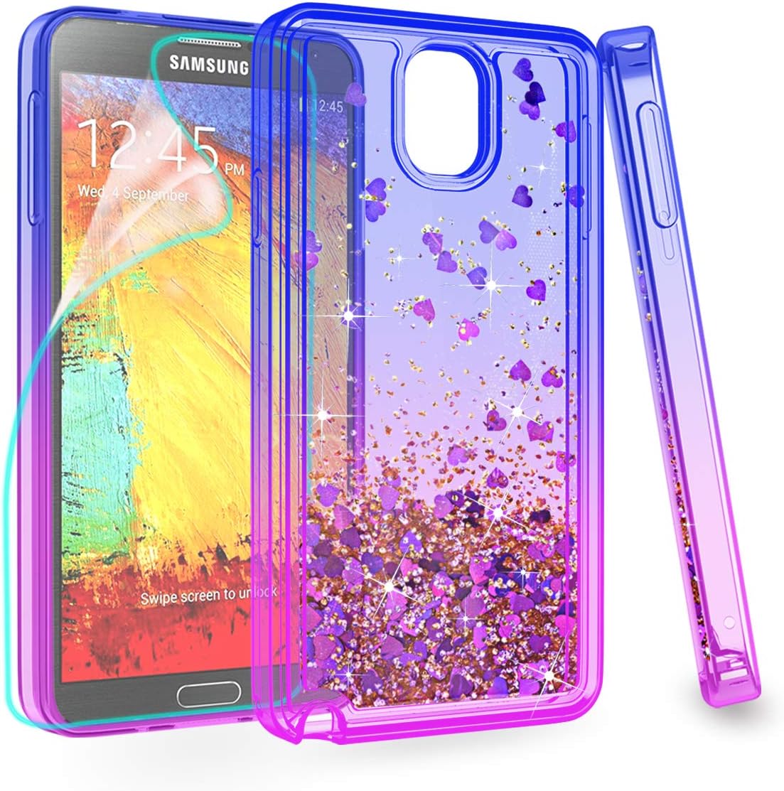 Zingcon Compatible for Samsung Galaxy Note 3 Phone Case,with HD Screen Protector,Shockproof Hybrid Hard PC Soft TPU Glitter Quicksand Adorable Shine Protective Cover-Blue/Purple