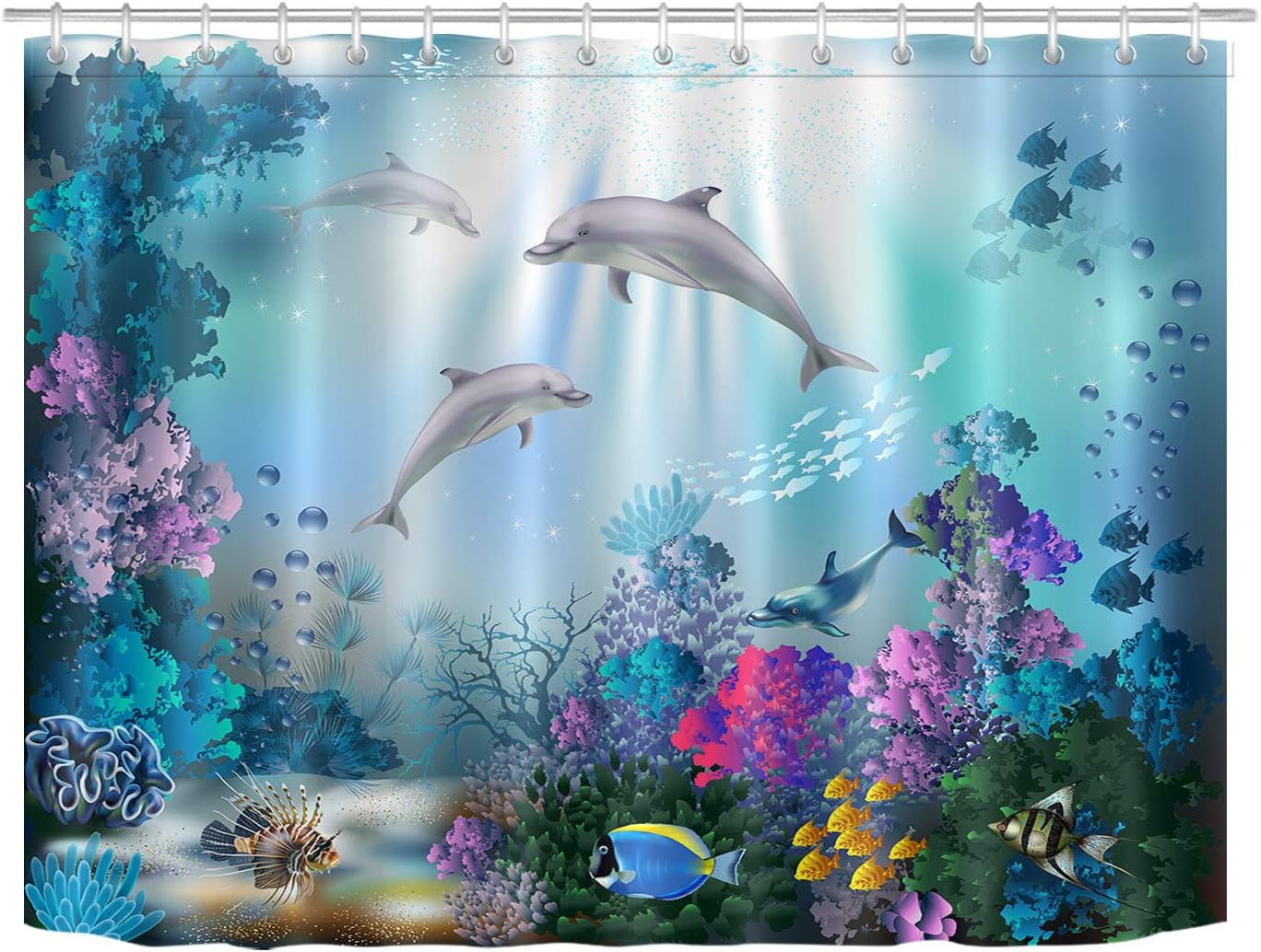 LB Dolphin Shower Curtain 94" W X 69" H Blue Ocean,Tropical Fish,Colorful Coral Bath Curtains with Hooks,Extra Wide Anti Mould Polyester Fabric Waterproof Bathroom Curtain - Image 3