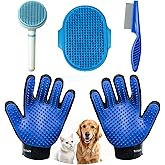 NVNAN 5 Piece Dog Grooming Brush Set with Grooming Gloves, Deshedding Comb & Massage Bath Brush | Dog Shampoo Brush - Multifunctional Pet Hair Removal Tools for Shedding, Bathing, Brushing (Blue)