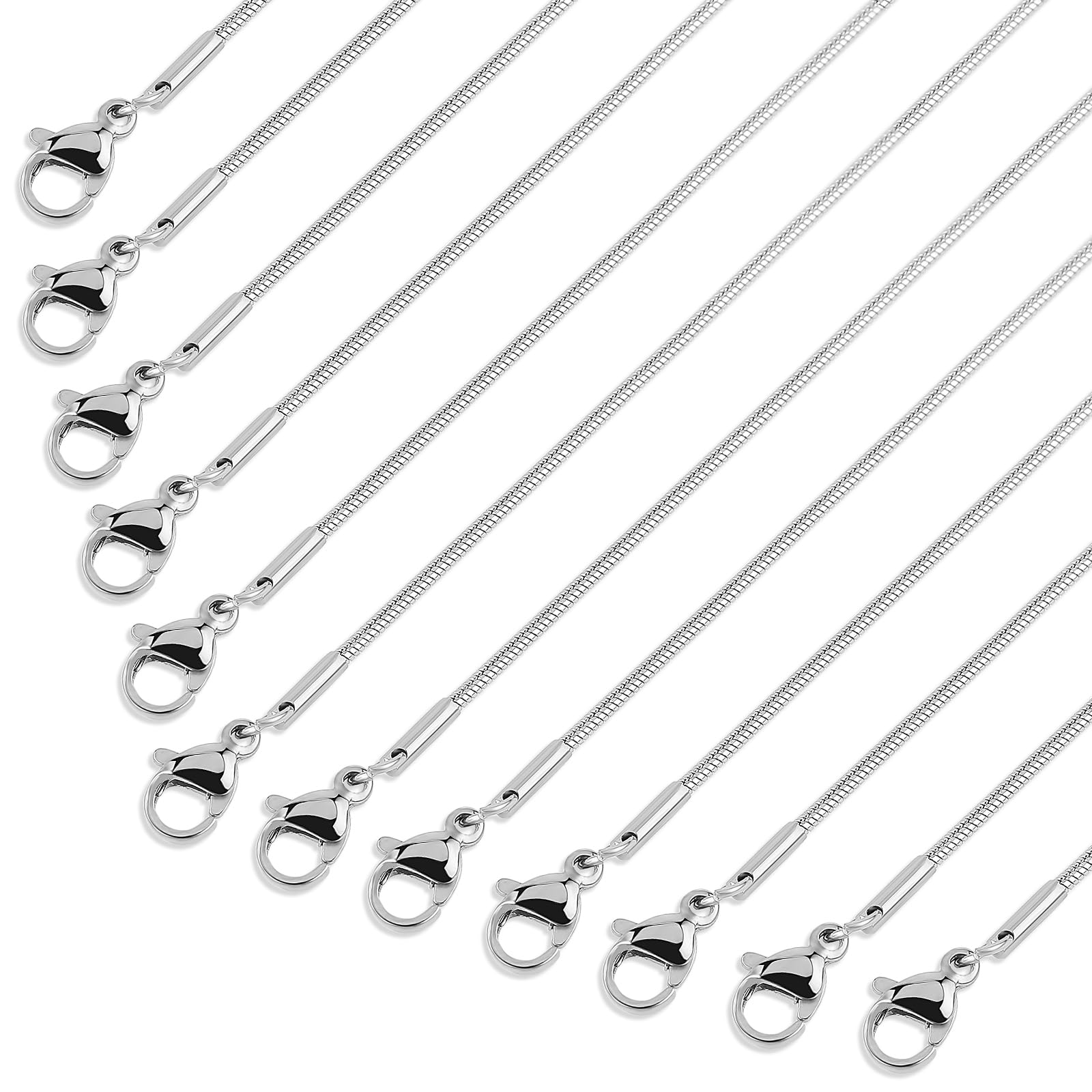 12 Pack 18 Inch Snake Chain Stainless Steel Chain Necklace with Lobster Clasps for Adding a Pendant, Men and Women Jewelry