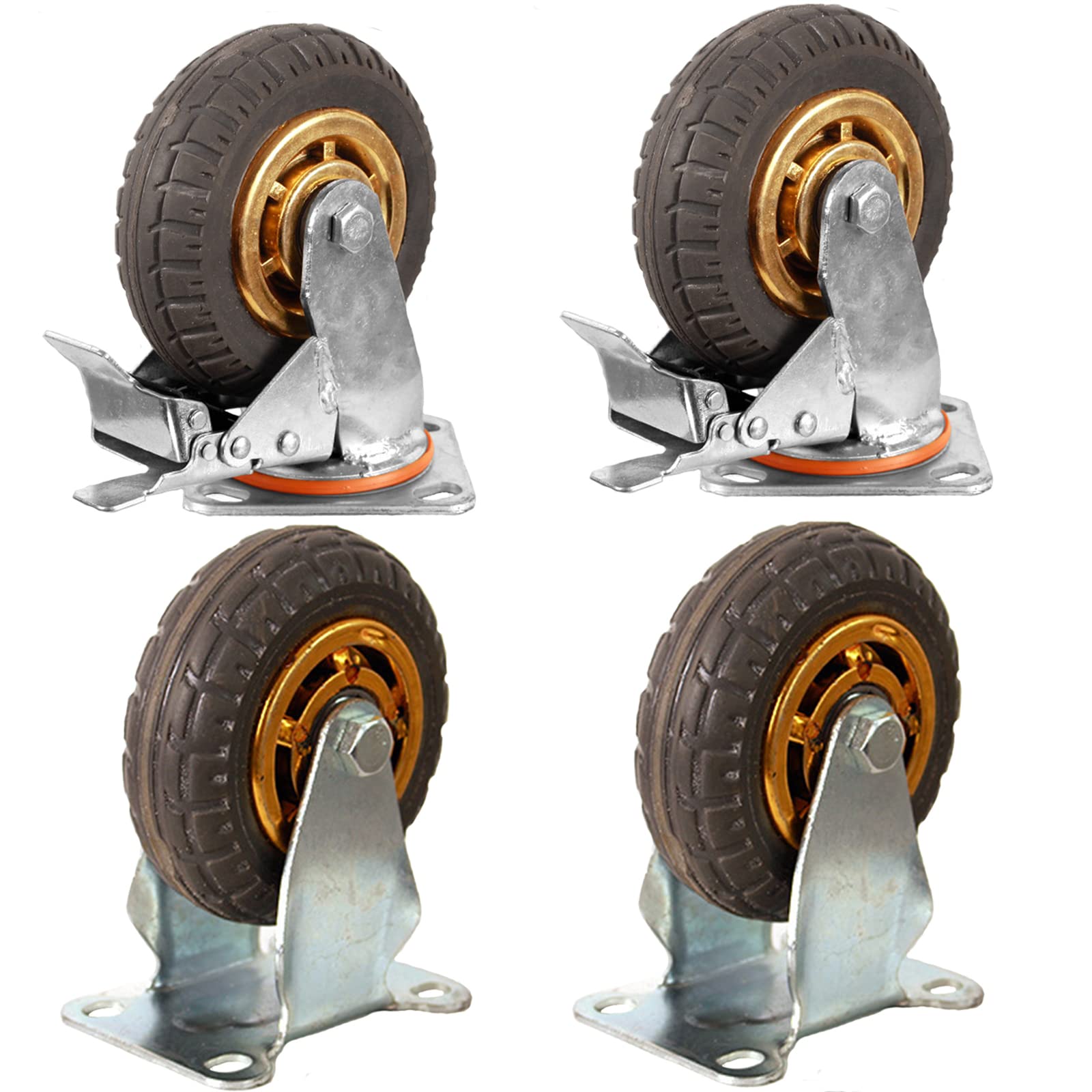 Photo 1 of Ycvsad 5 inch Caster Wheels Heavy Duty casters Set of 4,Rubber Swivel Caster Quiet Anti-Skid with Brake 360 Degree Double Ball Bearing Castors(2PCS Fixed Caster Wheels 2PCS Swivel Casters with Brake)