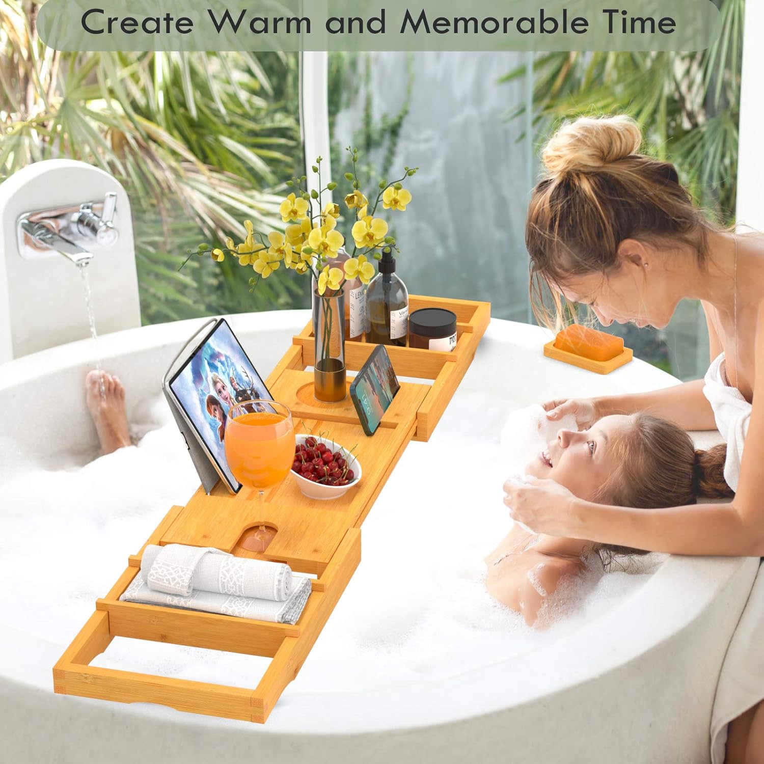 STOREMIC Bathtub Tray Caddy Expandable 29.5-44 Inch Bamboo Bath Tray for Tub with Wine Glass Book Holder Free Soap Holder Romantic Gift: Home & Kitchen