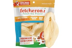 FETCHERONI Cows Ears for Dogs, Thick and Large Dog Ears, Single Ingredient and No Odor Cow Treats, Long Lasting Cow Ears, Natural & Grass-fed Dog Treat Animal Ears, Cow Ears for Puppies and All Breeds (15 Pack)
