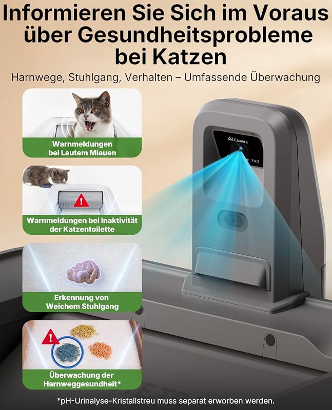 Katzenklo Selbstreinigend,Offene Selbstreinigende Katzentoilette mit Kamera,AI-Gesundheitsüberwachung, Design für große Katzen, Kompatibel mit Kristall-Katzenstreu,Grau