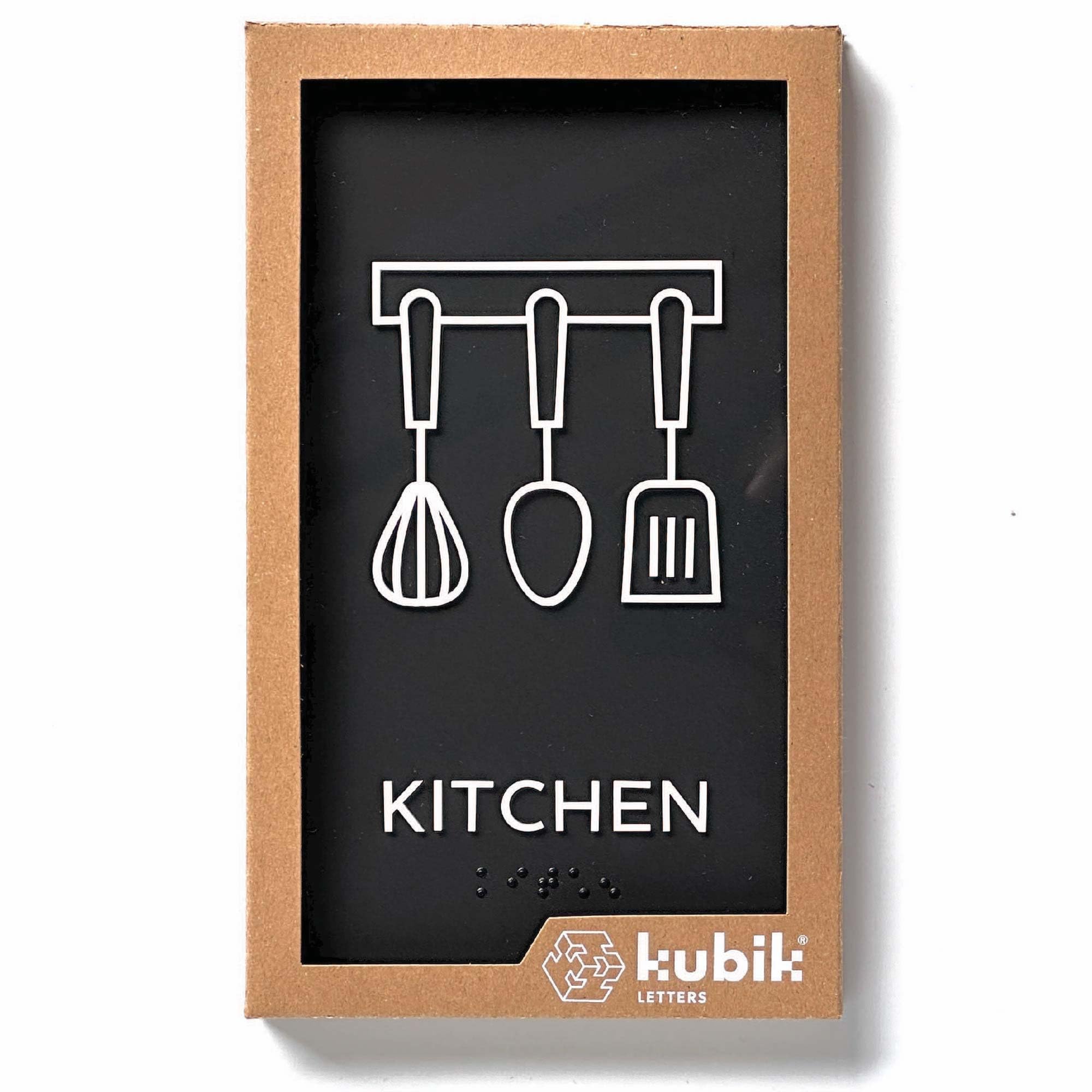 Kubik Letters Kitchen Sign, ADA Compliant Modern Design Door Sign with Grade 2 Braille for Kitchen Room with 3M Double Sided Tape