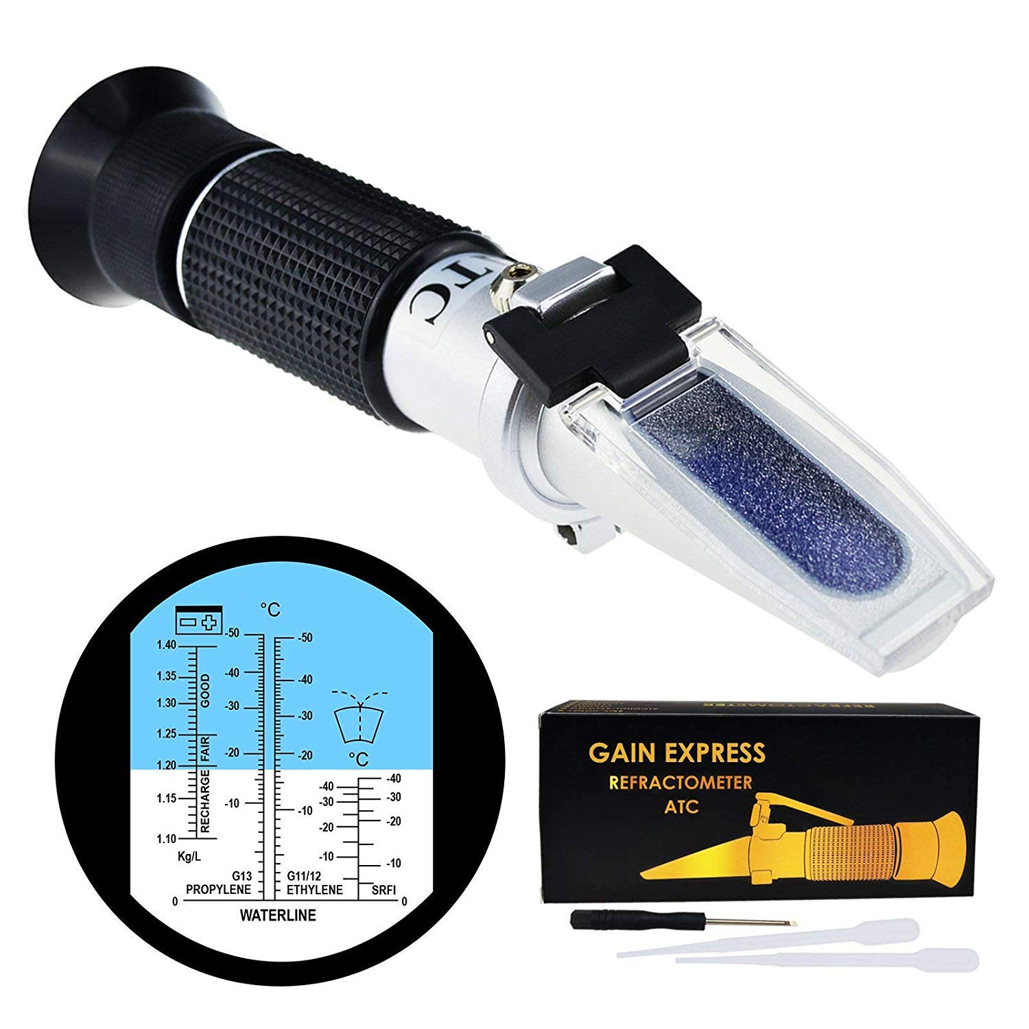 GAIN EXPRESS 5-in-1 Automotive Battery Antifreeze Refractometer ATC for Specific Gravity, Windshield Screenwash Fluid, Freezing Point Measurement Tester Meter Coolant Condition