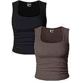 OQQ Womens 2 Piece Crop Tops Rueched Sleeveless Square Neck Stretch Basic Tank Shirts