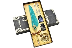 Hethrone Feather Pen and Ink Set - Quill Pen Set Includes Calligraphy Dip Pen, 2 Bottles Ink, Pen Holder and 4 Replacement Nibs for Writing Lovers (Green)