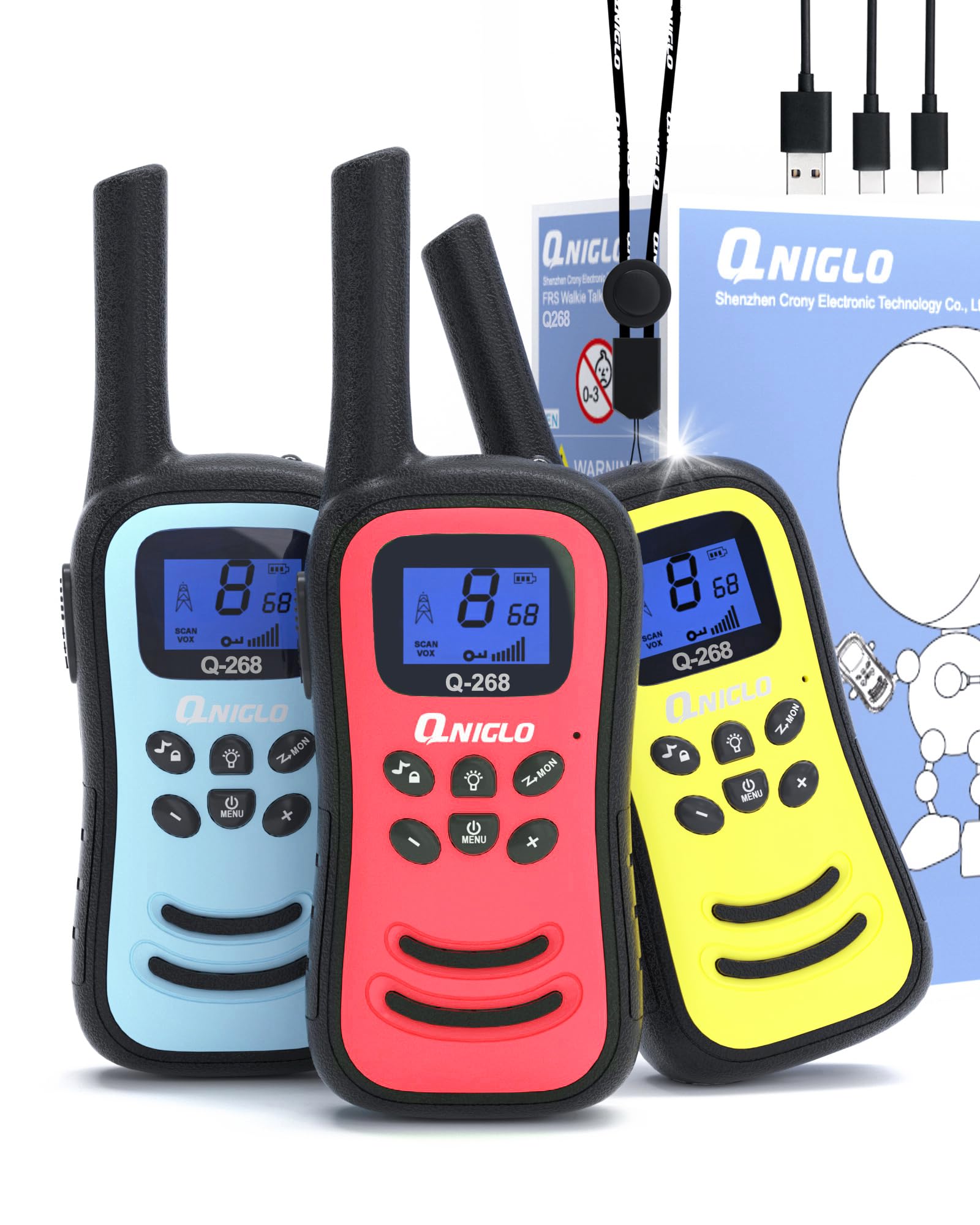 QNIGLO Walkie Talkies for Kids Rechargeable, Long Range 8 Channels 2 Way Radio Walkie Talkie 3 Pack with VOX Flashlight Function, Gifts for 3-12 Years Boys & Girls, Family Games Outdoor Hiking Camping