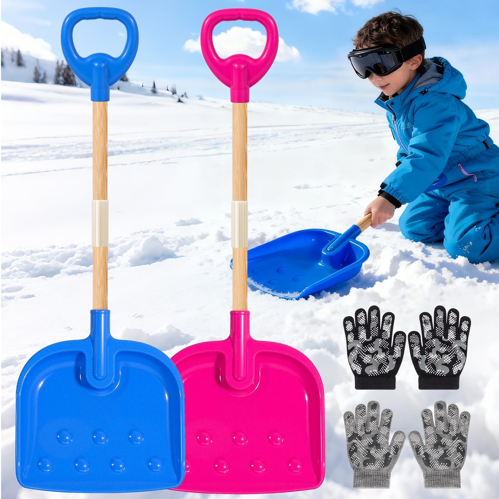 Photo 1 of 2PCS Kids Snow Shovel with Matching Warm Anti-Slip Gloves 22-32 H Detachable Wooden Toddler Snow Shovel Plastic D-Grip Handle & Scoop Outdoor Play Snow Tool for Boy Girl Winter Gift