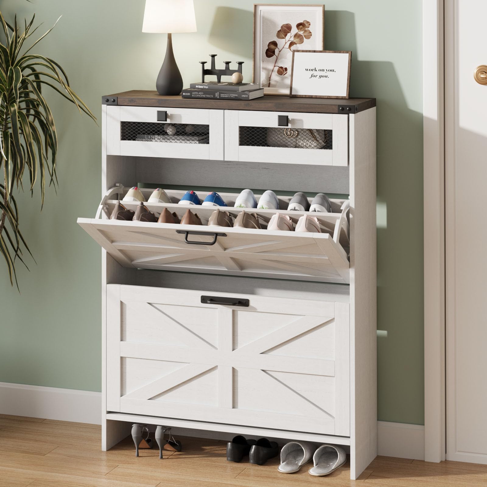 Photo 1 of ***IT IS UNKNOWN IF IT HAS MISSING PARTS***Halitaa Shoe Cabinet with 2 Flip Drawers& 2 Drawers,Farmhouse Shoe Storage Cabinet for entryway,Narrow Freestanding Shoe Rack Cabinet for Entrance,White