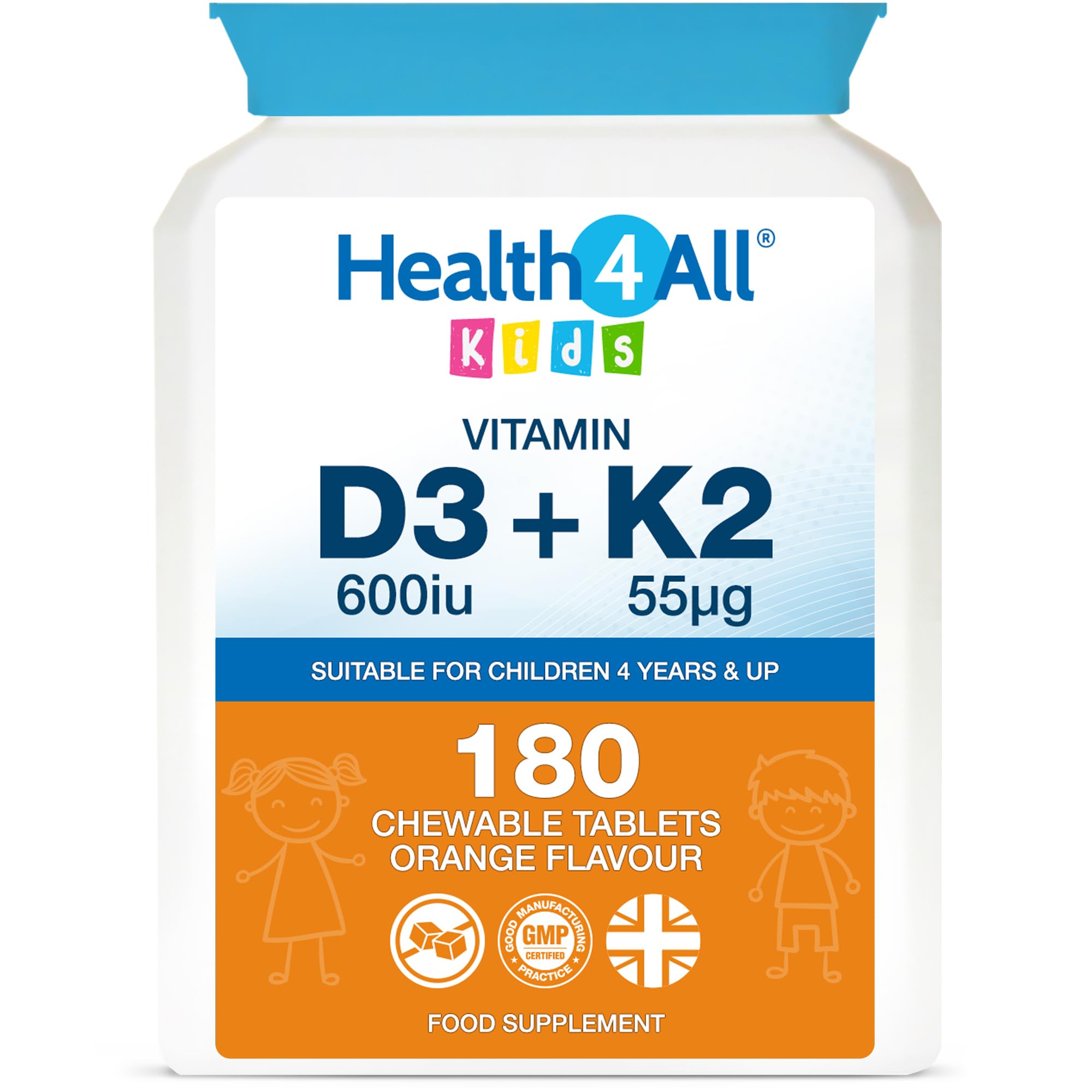 Health4All Kids Vitamin D3 + K2 180 Chewable Tablets 6 Months Supply, 600iu D3 & 55mcg K2 MK-7 for Children 4+, Natural Orange Flavour, Sugar-Free | Made in UK (Not Gummies)