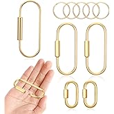 Nogeqi 10PCS Gold Brass Key Ring with 5 Flat Rings, Small Locking Screw Carabiner Keychain, Gold Keychain Clip Suitable for Keys & Bags