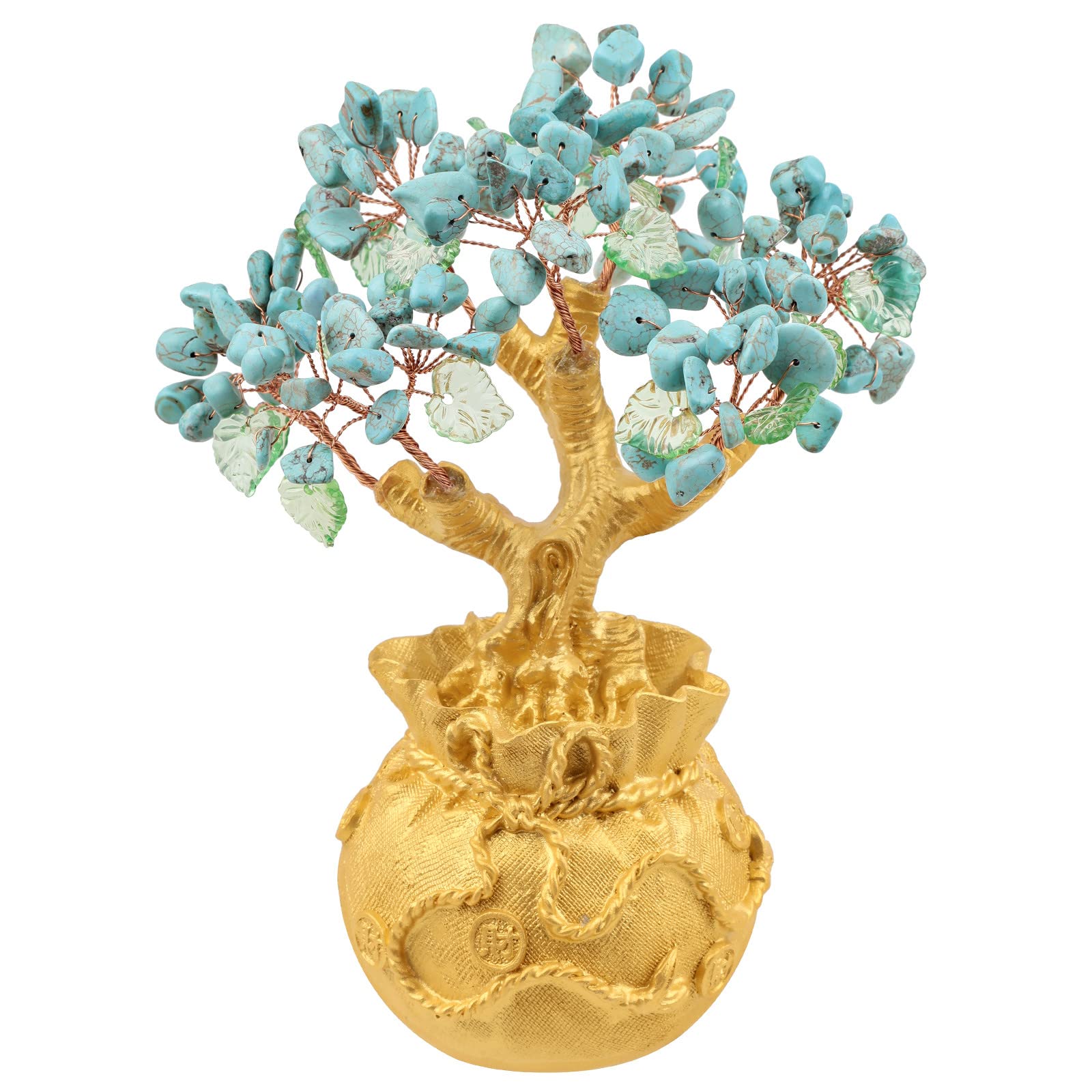 Nupuyai Blue Howlite Turquoise Crystal Money Tree with Golden Money Bag Base for Home Office Decor, Wealth and Luck Bonsai Tree Fengshui Ornament with Gift Box