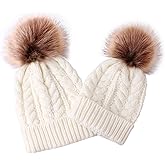 2PCS Parent-Child Knit Hat Family Matching Winter Warmer Hat Mother & Baby Crochet Beanie Ski Cap with Pom