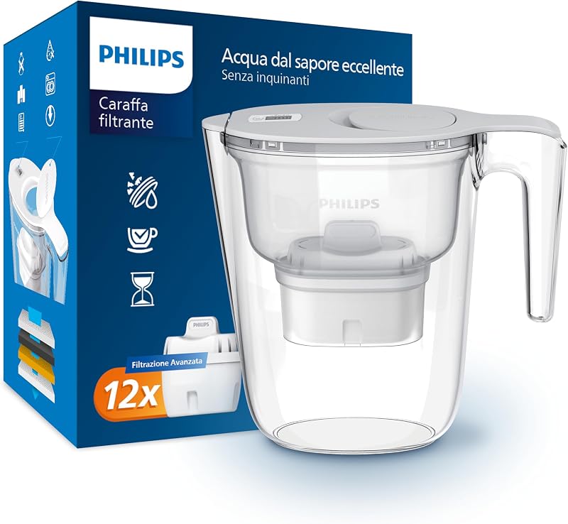 Water Caraffa Filtrante + 12 Cartucce Filtranti di Ricambio, Filtrazione Avanzata, Flusso Rapido, Timer Elettronico, Filtra Cloro, Calcare, Metalli Pesanti e Microplastiche, Bianco, 2.6 Litri — foto 1 di 7