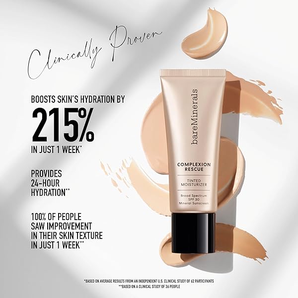 BAREMINERALS COMPLEXION RESCUE TINTED MOISTURIZER FOR FACE WITH SPF 30 + HYALURONIC ACID, HYDRATING TINTED MINERAL SUNSCREEN FOR FACE, SKIN TINT, VEGAN