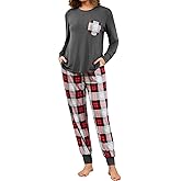 SWOMOG Women Christmas Pajamas Sets Buffalo Plaid Pajama Pants with Pockets Long Sleeve Tops Loungewear Set