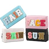 LYOOmaLL 4 Pcs Chenille Letter Preppy Patches Makeup Bag with Zipper PU Leather Waterproof Stoney Clover Makeup Bag Hair Skin Face Stuff Bag for Women, Girls