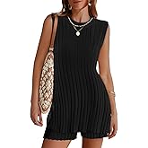 Tankaneo Womens 2 Piece Summer Outfits Knit Sweater Sets Sleeveless Ribbed Tunic Tops and Shorts Vacation Beach Lounge Set
