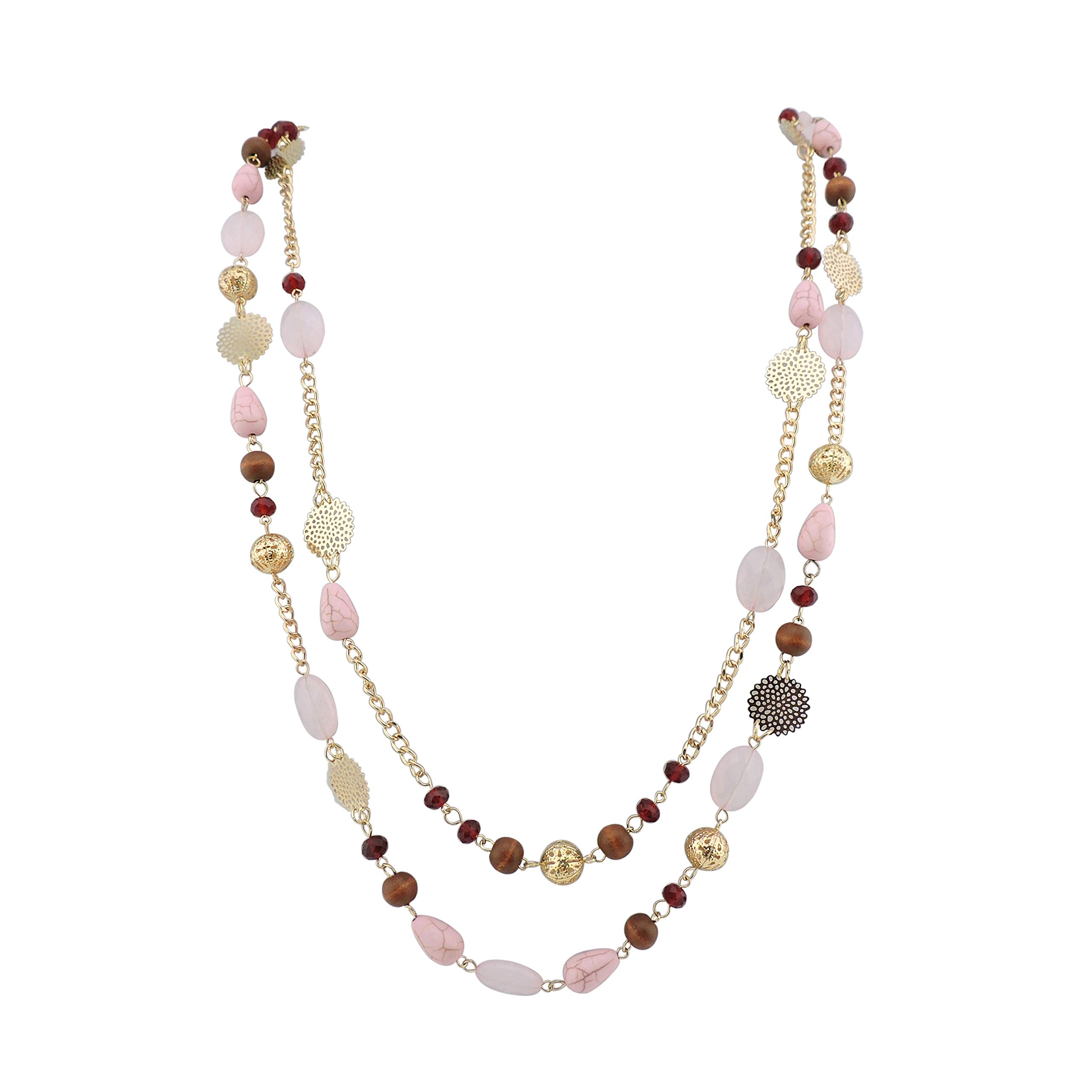 Bocar 14K Gold Plated Link Chain 2 Layer Crystal Wood Acrylic Colorful Women Party Long Necklace Gift (NK-10084-pink) โ image 1
