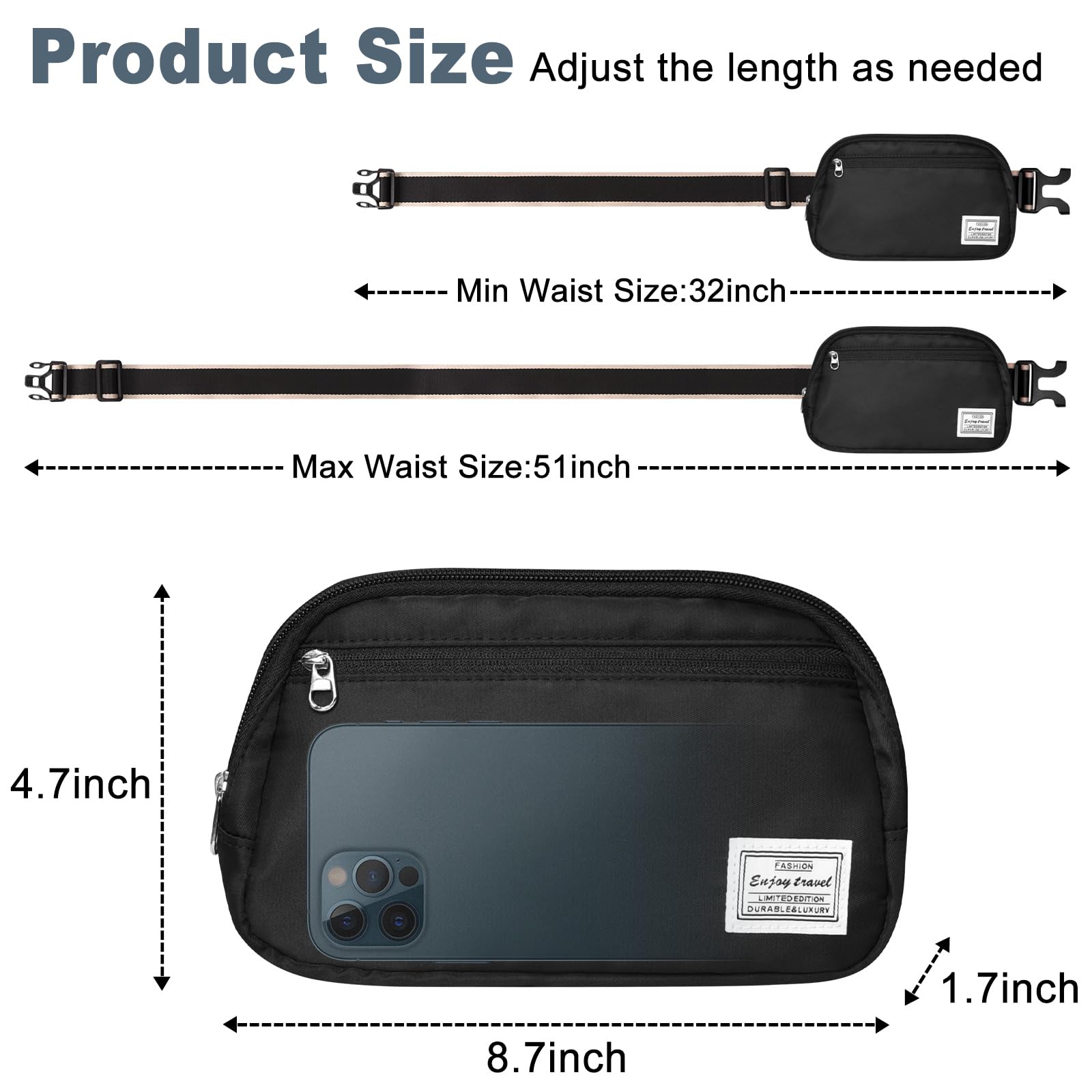 DMLuna Small Crossbody Bags for Women Trendy, Lightweight Fanny Pack for Women & Men, Mini Belt Bag, Waist Bag with Adjustable Strap for Running Workout Traveling, Black