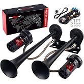 12V Metal 2-Trumpet Train Horn for Truck Kit with 2 Air Compressors | 150dB Loud Air Horn for Car, Tankless &amp; Chrome Zinc, Fits most 12V Car/Pickup/SUV/Motorcycle/Boat,Truck accessories for men