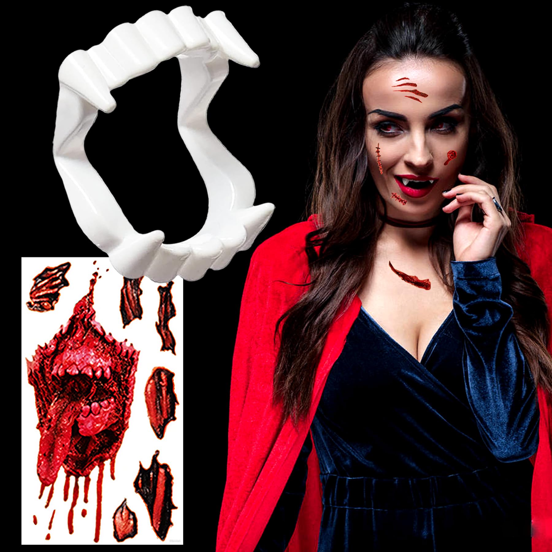 Photo 1 of ***7 PACKS INCLUDED***Vampire Teeth,12Pcs Halloween Fake Teeth and Scar Temporary Tattoos,Vampire Fangs Funny Halloween Dress-Up,Costume, Cosplay Accessories Halloween Party Favors (Vampire Teeth+ Scar Tattoos)***7 PACKS INCLUDED***