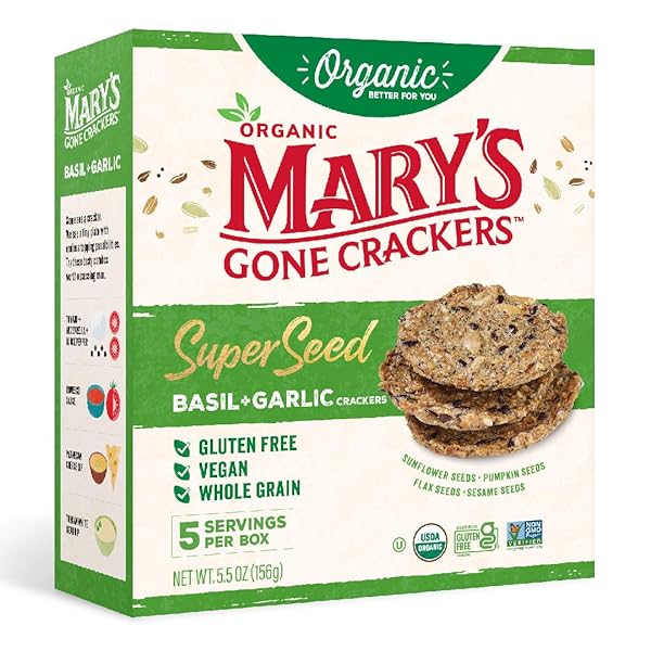 MARY’S GONE CRACKERS SUPER SEED CRACKERS, ORGANIC PLANT BASED PROTEIN, GLUTEN FREE, BASIL & GARLIC, 5.5 OUNCE (PACK OF 1)