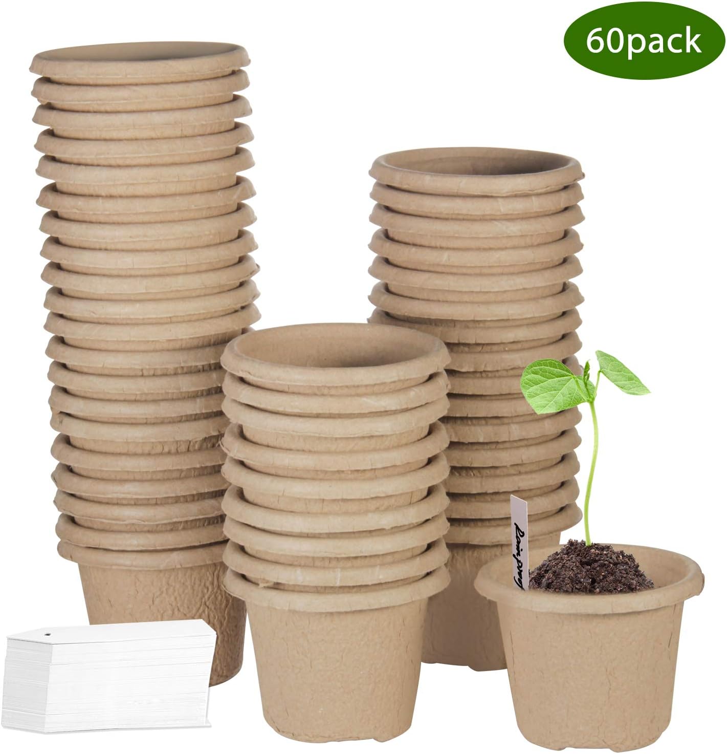 ZOUTOG Seed Starter Trays, 4 Inch Round Biodegradable Peat Pots, for Your Garden, Greenhouse or Nursery, 60 Packs, Bonus 60 Plant Labels
