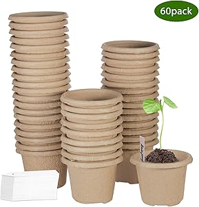 ZOUTOG Seed Starter Trays, 4 Inch Round Biodegradable Peat Pots, for Your Garden, Greenhouse or Nursery, 60 Packs, Bonus 60 Plant Labels