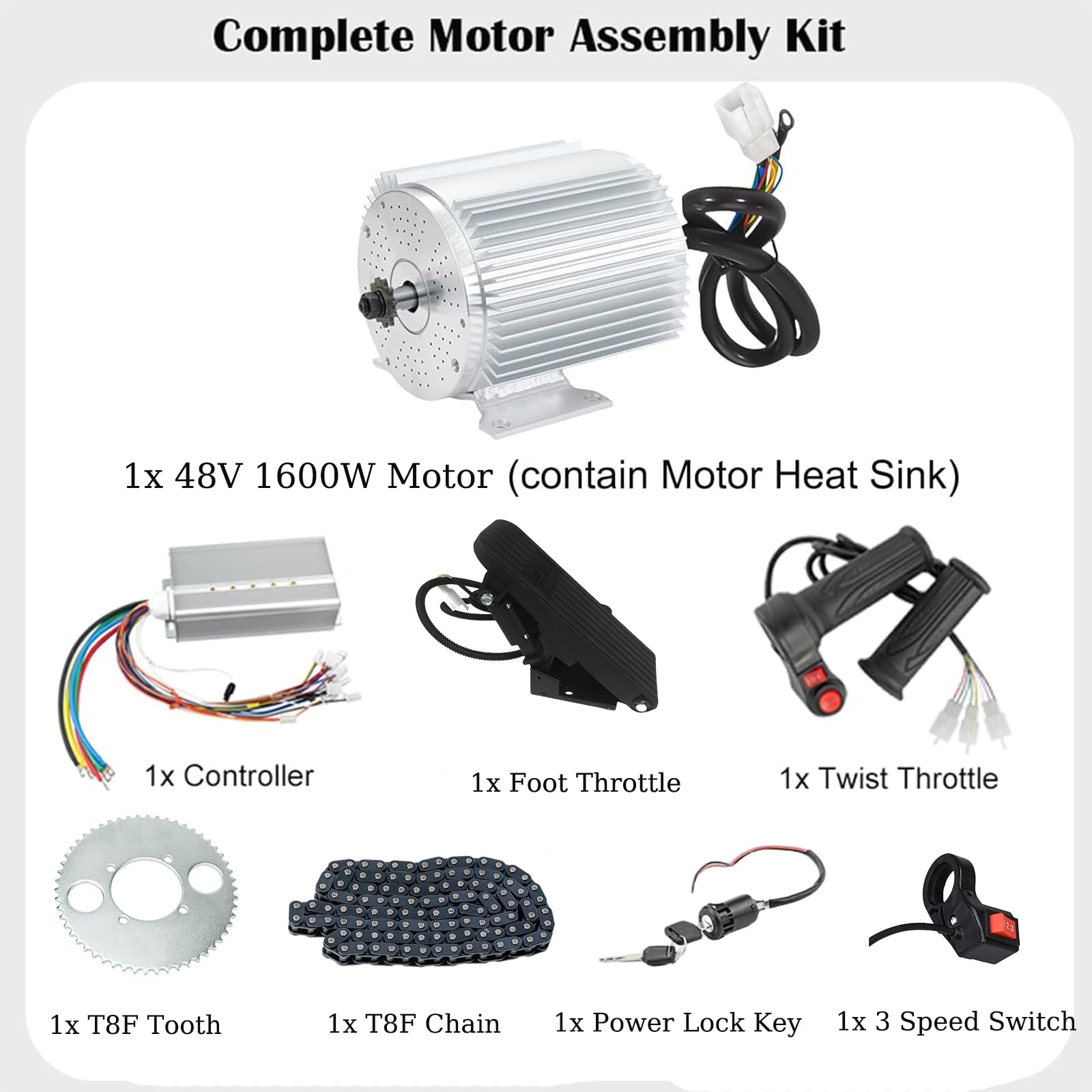Electric Motor 1600W 48V go Kart Electric Motor kit with Throttle 33A Speed Controller BLDC ATV Kits Scooter Motorcycle Engine Ebike Conversion Kit Chain T8F