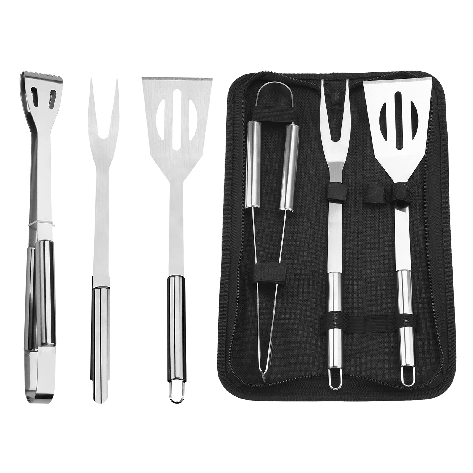 BBQ Tool Set,3 Pcs Professional Stainless Steel Grill Accessories Set with Handle Storage Bag,Camping Barbecue Grilling Utensils Kit Spatula Tongs Fork for Birthday Christmas Party