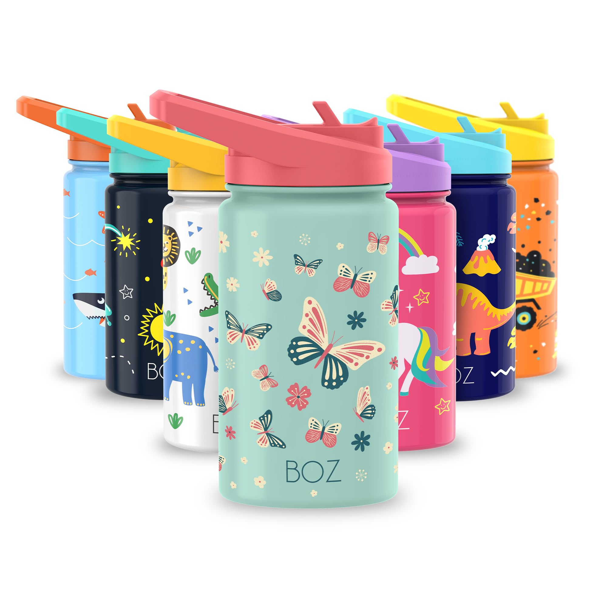 BOZ Kids Insulated Water Bottle with Straw Lid, Stainless Steel Vacuum Double Wall Water Cup, 14 oz (414ml). Scratch-Resistant Cute Print and Carry Handle, BPA-Free and Dishwasher-Safe (Butterfly)