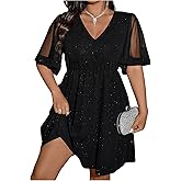 Floerns Women's Plus Size Contrast Mesh Half Flounce Sleeve V Neck Glitter Flared Hem A Line Dress