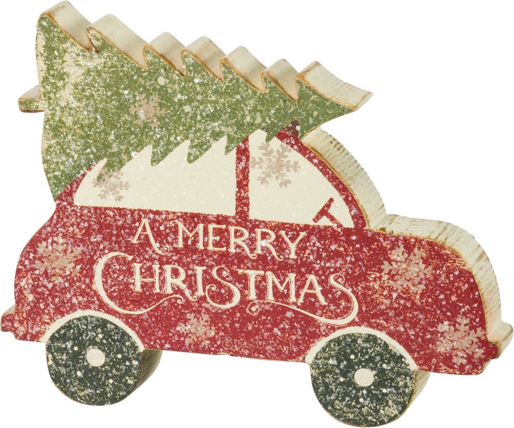 Primitives by Kathy Car With Tree Chunky Sitter Christmas Sign, Wood, Paper, Mica — image 1