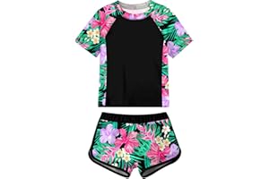 Enlifety 7-16T Girls Swimsuit 2 Piece Bathing Suit Short Sleeve Rash Guard Swimwear Set