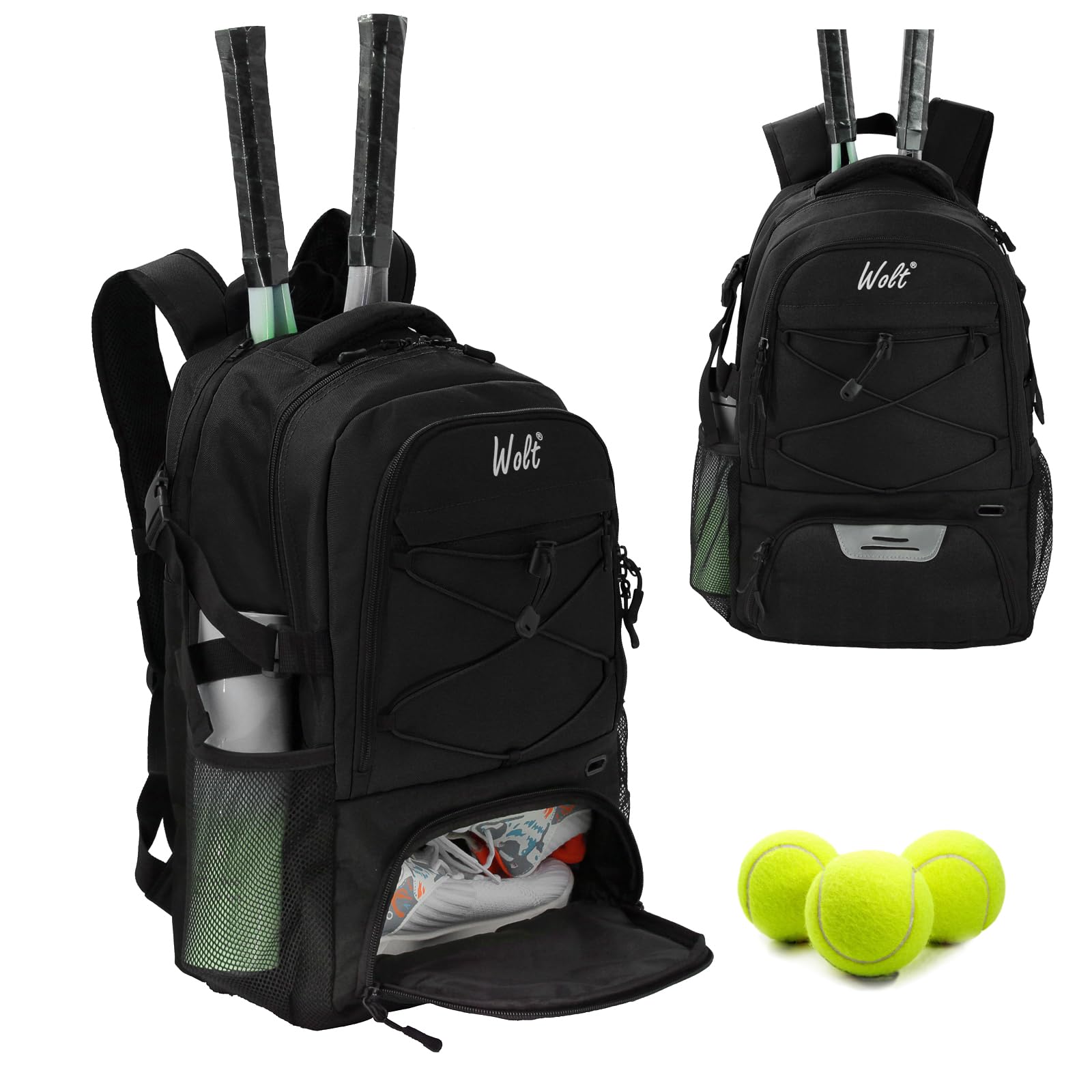 WOLT Tennis Bag Large Tennis Racket Backpack for Women Men, Holds 2 Racquets with Shoe Compartment Fits Badminton Pickleball Squash Racket, Black