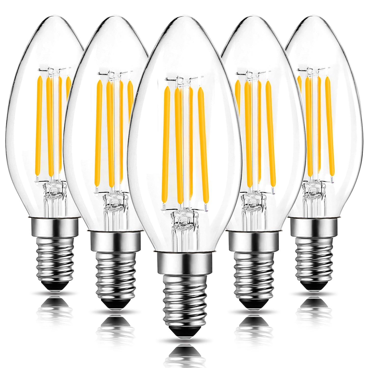ROMANJOY Dimmable LED Candle Bulbs, 6W Equivalent 60W, 2700K Warm White, E14 Small Edison Screw Bulb, C35 Clear Glass LED Filament Lamp for Chandelier Ceiling Fans, 5 Pack