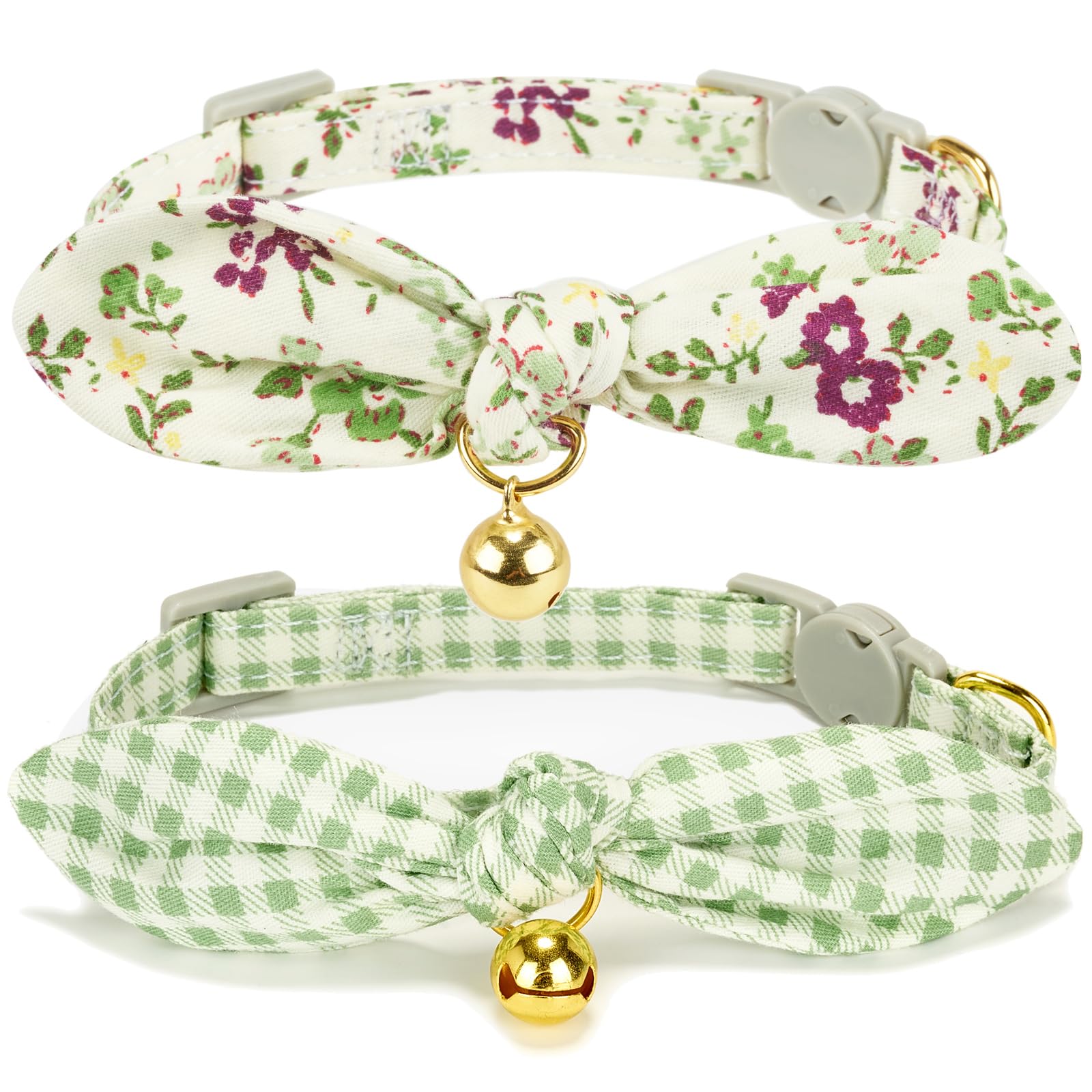 YUDOTE Soft Cotton Cat Collar with Removeable Hand-tied Bowtie,Pack of 2 Kitty Collars with Safety Quick Release Buckle and Bell,Green Check,Floral Patterns