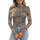 OFEEFAN Womens Long Sleeve Mesh Top See Through Mock Neck Sheer Blouses