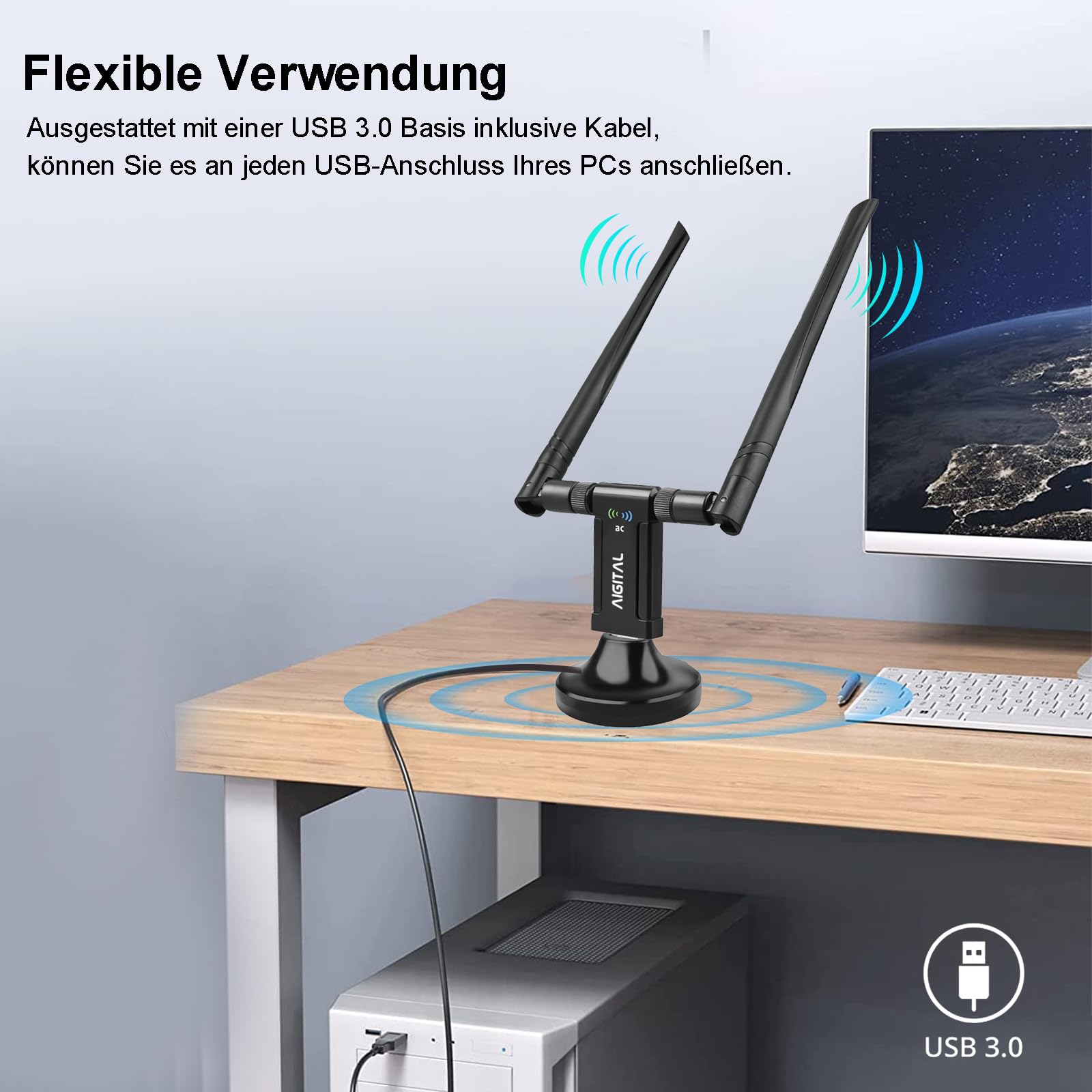 WLAN Adapter 1200Mbit/s, WLAN USB Stick DualBand 867Mbit/s (5GHz), 300Mbit/s (2,4GHz) WLAN Empfänger mit 2*5dBi Antenne und USB 3.0-Dockingstation mit 65cm kable für PC Desktop Laptop Windows/Mac OS 3