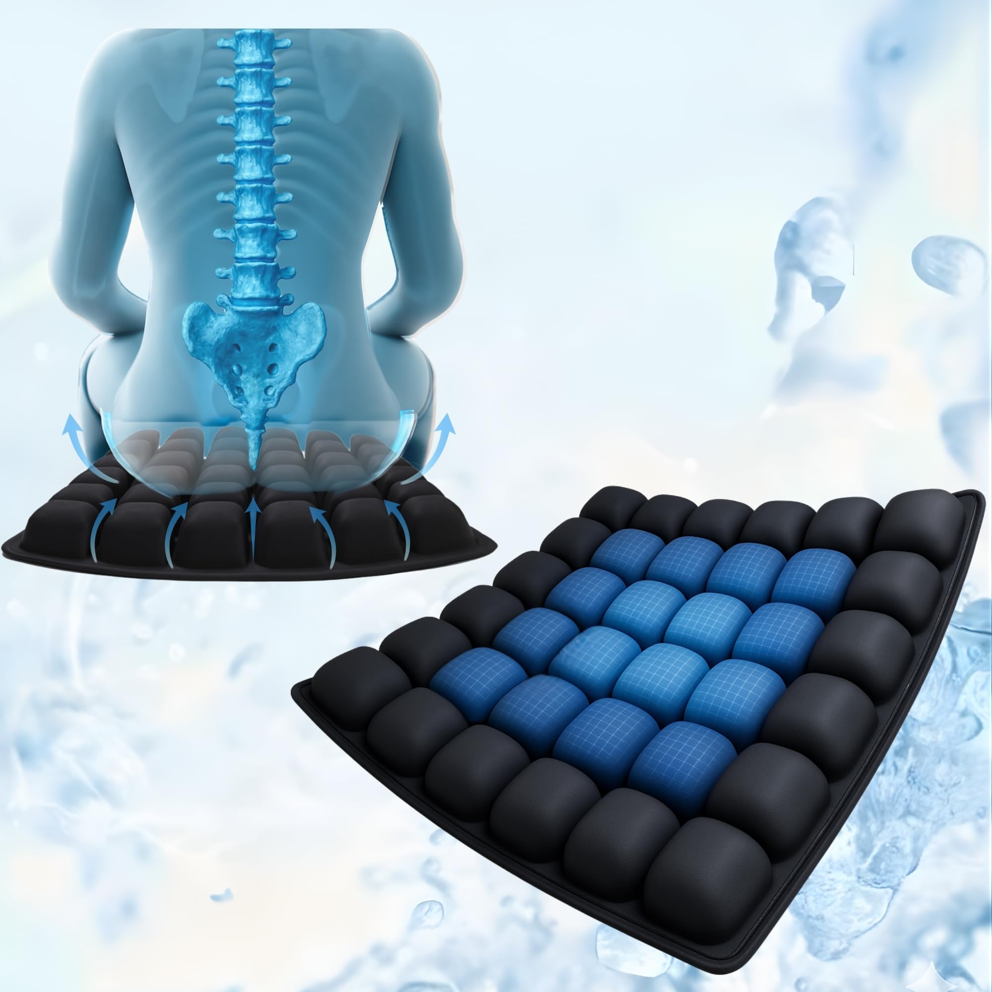 View 1 of ZAVREN 36-Cell Air Bubble Inflatable Seat Cushion with Built-in Pump - 50-100% Adjustable Firmness - 360° Breathable Cooling - TPU+Spandex, Anti-Slip Base - 42×42×4 Portable Travel & Office Cushion
