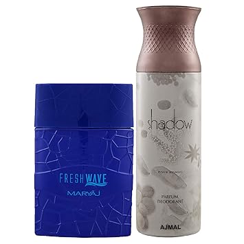 Maryaj Fresh Wave Eau De Parfum Citrus Woody Perfume 100ml for Men and Ajmal Shadow Homme Deodorant Citrus Woody Fragrance 200ml for Men + 2 Parfum Testers FREE