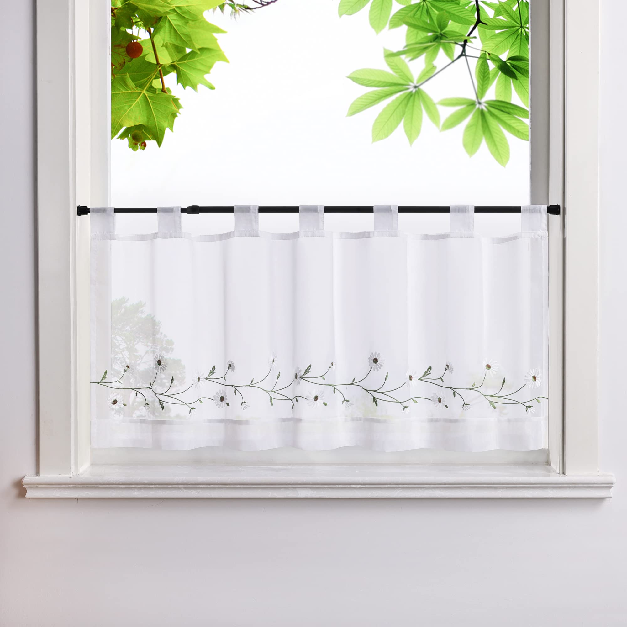 Heichkell Embroidered Net Curtain Voile Short Curtains with Loops Pastoral Kitchen Curtains Country House Style Bistro Curtain White W x H 120 x 45 cm